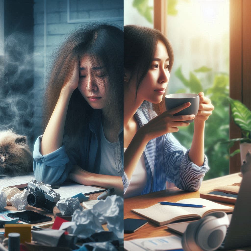 a split screen image a woman is gloomily sitting at her messy desk, on the right she is calm and writing in a journal as the sun streams in - she is positive and confident