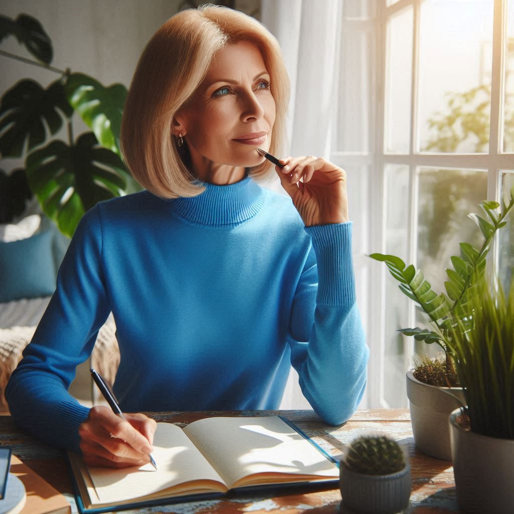 A woman is gazing out of a window as she thinks about her future-focused life, ready to write notes in her journal on her desk. She is wearing a sky blue jumper and has blonde hair and is over 50