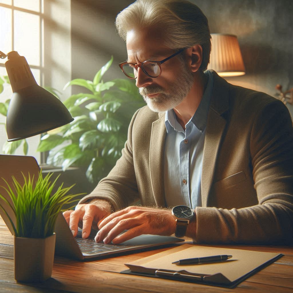 A man is taking time to imagine his ideal future and typing on his laptop next to a sun filled window and a green plant.  He is wearing a pale blue open collared shirt under a soft jacket, has glasses and a greying neatly trimmed moustache and beard.