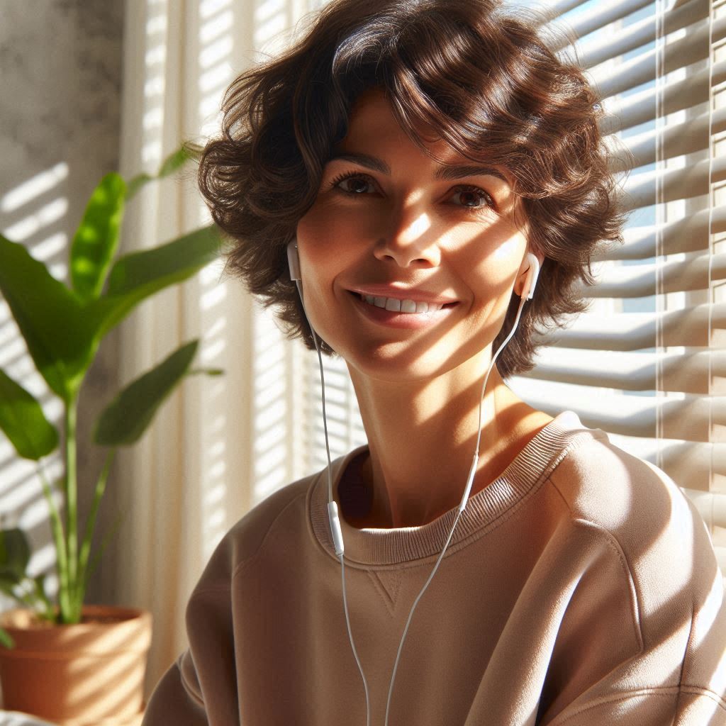 Calm, Confidence and Clarity with Canalside Life Coach - photorealistic image of a woman with short curly dark brown hair over 50 wearing a sweatshirt with earpods listening to music and smiling, with plant in background beside a window with sunlight streaming through the slatted blinds