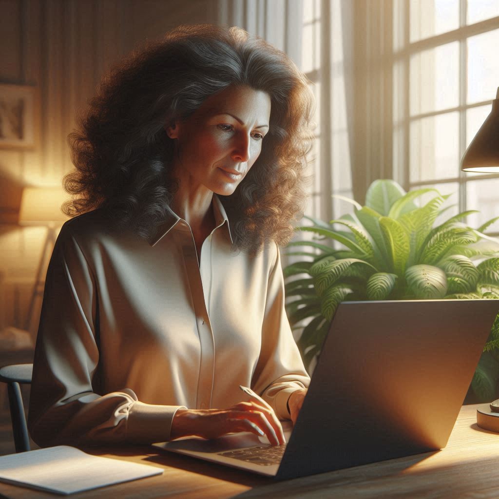 photorealistic image of a woman with long curly brown hair taking time do some self-reflectiont and yping on laptop with plant in background and a desk lamp on the table, beside a window with warm light