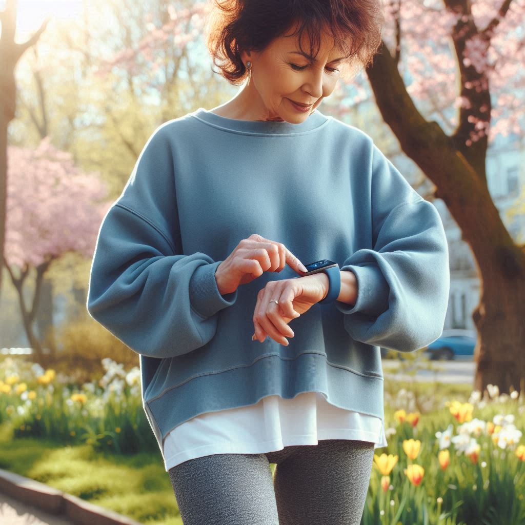 Look ahead to Spring -an older woman with short brown curly hair checking her fitness device as she walks in a park with the sun shining. she is wearing leggings and a loose blue sweatshirt. There are cherry blossom trees and spring flowers