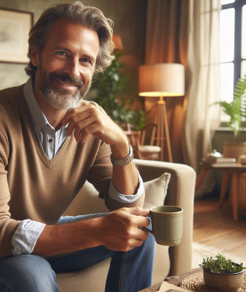 A warm, inviting living room where a friendly man with a beard and moustache sits comfortably with a cup of tea