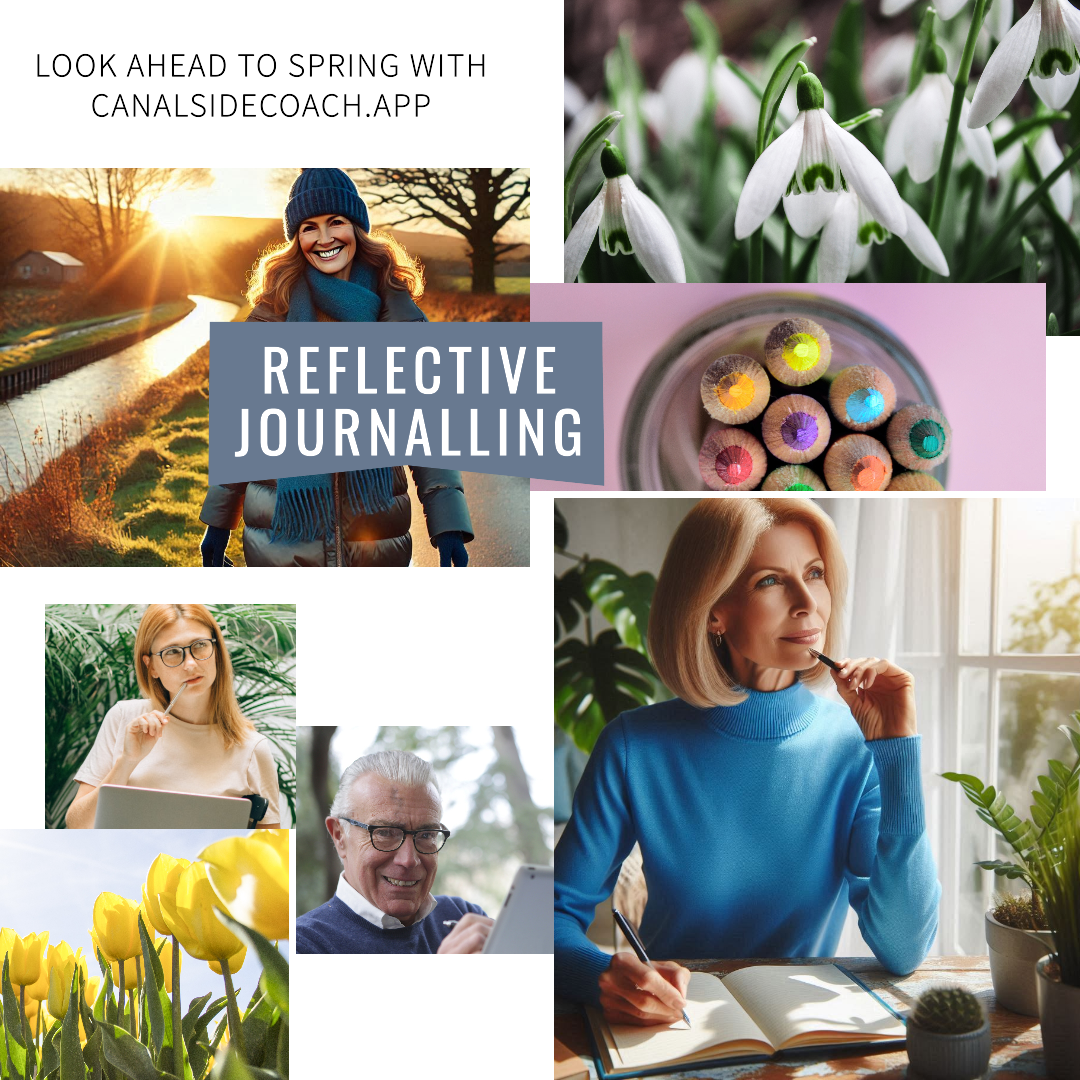 Reflective Journalling - a collage of images to inspire with a blonde haired woman writing in a journal notebook beside a sunny window, a woman striding along a canal path whilst thinking positively, some yellow tulips and snowdrops to signify winter turning to Spring, a young woman on a laptop in a conservatory with greenery behind her, an older man smiling as he views his tablet, a collection of coloured pencils to signify creativity and doodling